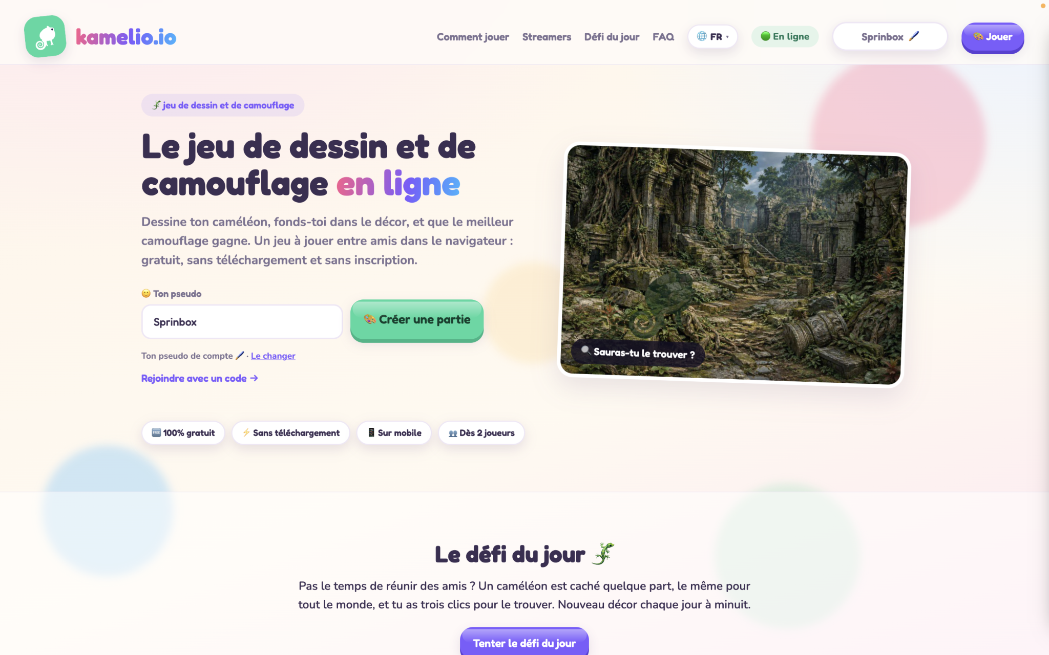 Page d’accueil de Kamelio, un jeu multijoueur de dessin et de camouflage jouable gratuitement dans un navigateur.