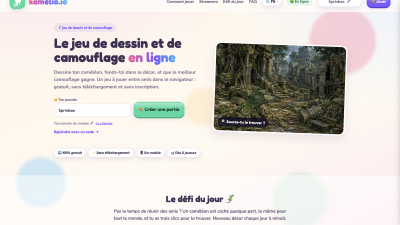 Page d’accueil de Kamelio, un jeu multijoueur de dessin et de camouflage jouable gratuitement dans un navigateur.